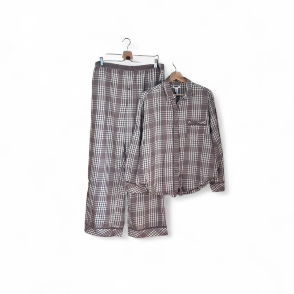 Victoria’s Secret PINK Gray & White Plaid Cotton Blend Matching Pajamas Set XL